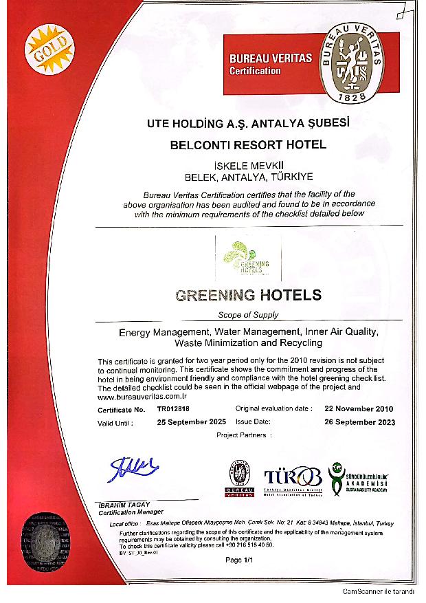 Greening Hotels Sertifikası (Gold)